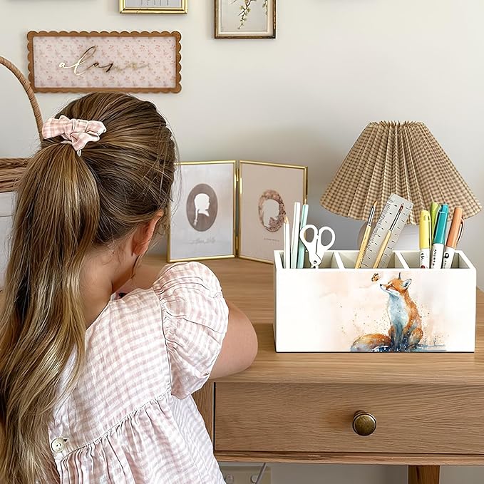 Fox Pen Pencil Holder for Desk Accessories, Fox Gifts for Women, Animal Lovers Gifts, Rustic Butterfly Wild Animal Wooden Box Sign Decorations for Kids Room Home Office Desk Tabletop
