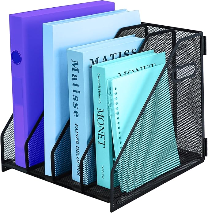 Desk Organizers Metal Magazine File Holder Racks Desktop Folder Storage Binder Organiser Document Organization for Home Office & Classroom,4 Vertical Compartments
