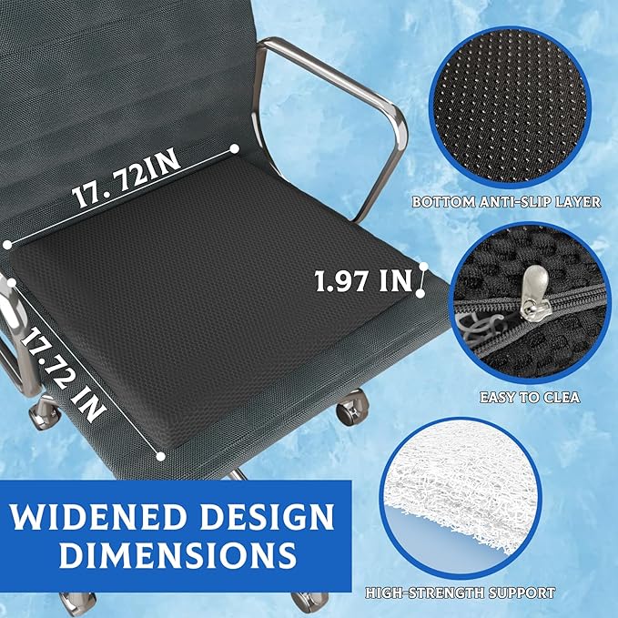 Eco-Friendly TPE Seat Cushion for Office Chair Pain Relief Tailbone Coccyx – Sciatica Pillow for Car Wheelchair Gamechair No-Slip for Long Sitting – Breathable Washable Grey 17.72" W x 1.97" Thick
