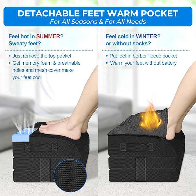 Foot Rest Under Desk for Office Use, Gel Memory Foam Foot Stool with 3 Adjustable Heights and Feet Warm Pocket for Back, Hip, Legs Discomfort Relief, Ergonomic Footrest for Office Chair & Gaming Chair