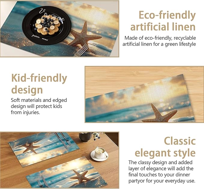 Sunrise Starfish Beach Linen Placemats Set of 6, Decorative Table Mats 12x18 Inch, Washable Heat Resistant Placemats for Dining Table Kitchen Home Decor