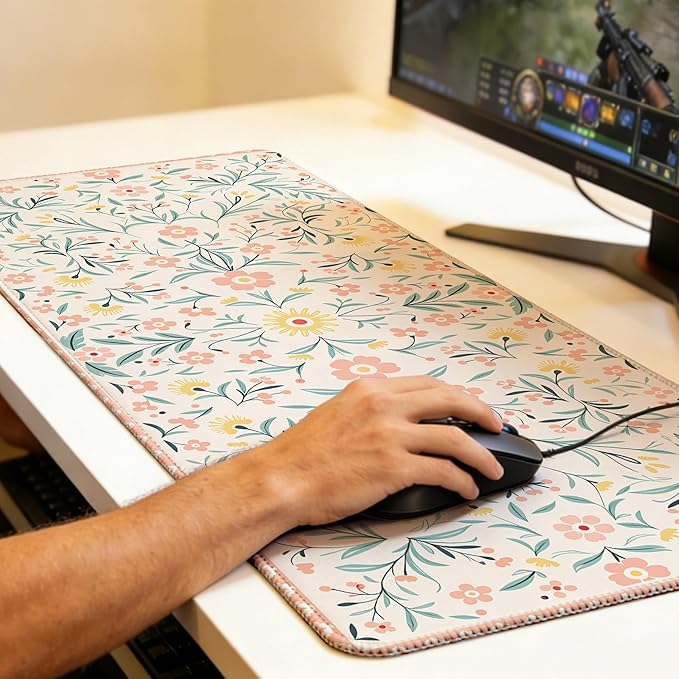 Pink Floral Mouse Pad,35.4 x 15.7 Inch Large Mouse Mat Non-Slip Rubber Stitched Edges for Writing Desk,Office,Home,Laptop