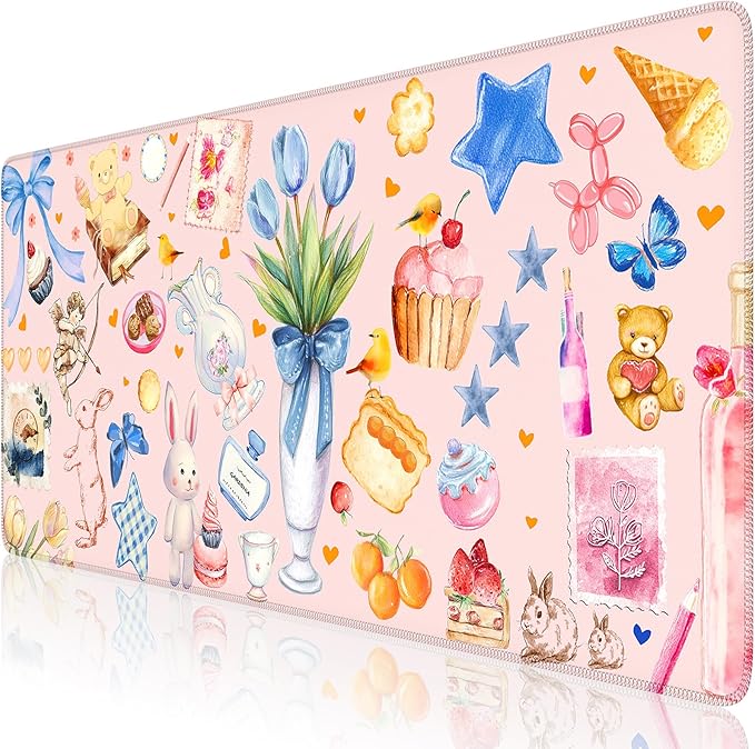 iCasso Pink Desk Mat, Cute Aesthetic Large Mouse Pad, Waterproof Keyboard Pad, Non-Slip Desk Protector with Stitched Edges for Women Home Office, Gaming, Dorm