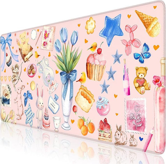iCasso Pink Desk Mat, Cute Aesthetic Large Mouse Pad, Waterproof Keyboard Pad, Non-Slip Desk Protector with Stitched Edges for Women Home Office, Gaming, Dorm