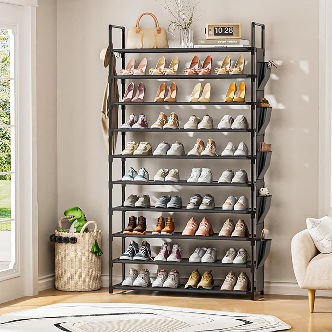 LUKYTOWER Tall Shoe Rack 10 Tier Shoe Racks Organizer for Closet 40-45Pairs,Large Capacity Storage Rack for Shoes with 5Hooks,Sturdy Shoe Shelf, Vertical Shoe Stand Tower