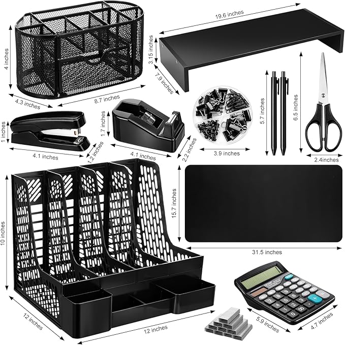 Glenmal 12 Pcs 12-in-1 Office Desk Organizer Accessories Set with Desk Pad Protector Computer Riser File Organizer Pen Holder Calculator Scissors Stapler Staples Folder Set Pens Tape Cutter