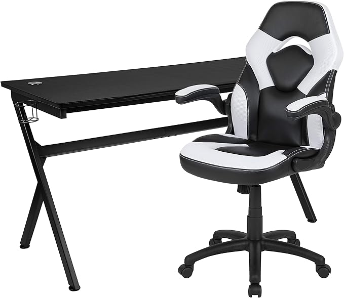 EMMA + OLIVER Black/White Gaming Desk Bundle - Cup & Headphone Holders/Mouse Pad Top