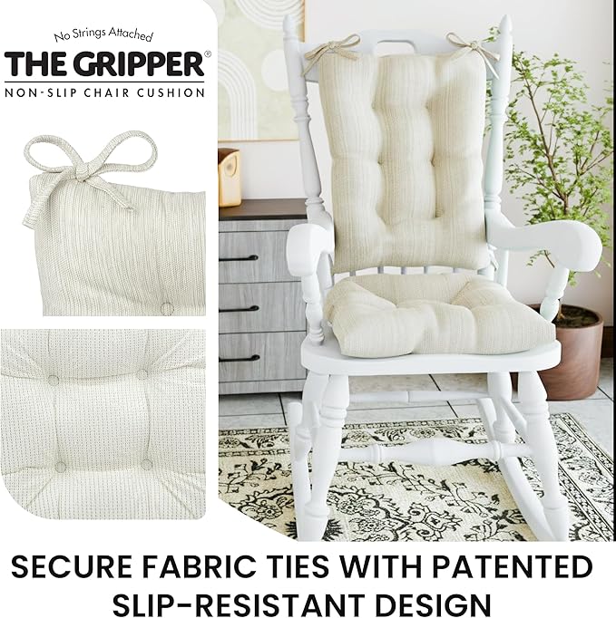Klear Vu The Gripper Non-Slip Rocking Chair Cushion Set with Thick Padding, Includes Seat Pad & Back Pillow with Ties for Indoor Living Room Rocker, 17x17 Inches, 2 Piece Set, Ivory