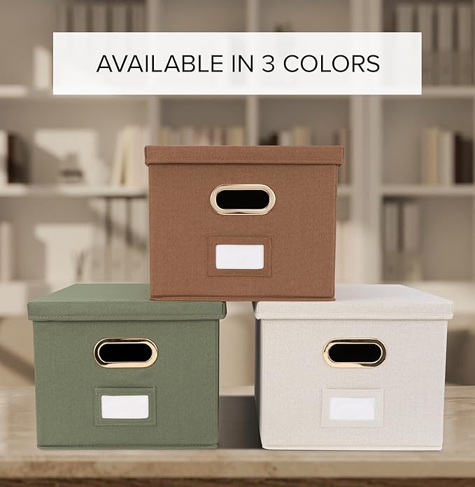 ZICOTO Decorative File Organizer Box Set of 2 - Collapsible Linen Filing Cabinets with Handles Are Perfect to Store All Your Documents & Hanging File Folders - Portable Easy Slide Crates with Lid