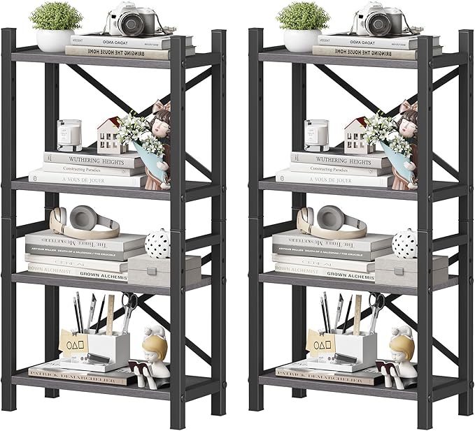 2-Pack Desktop Bookshelf, 4-Tier Stackable Narrow Bookcase, Adjustable Industrial Desk Organizer & Hutch - Rustic Brown Wood Desktop Book Organizer for Living Room, Bedroom & Home Office