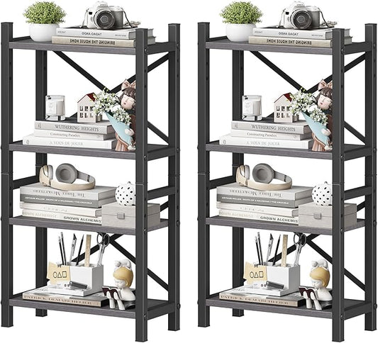 2-Pack Desktop Bookshelf, 4-Tier Stackable Narrow Bookcase, Adjustable Industrial Desk Organizer & Hutch - Rustic Brown Wood Desktop Book Organizer for Living Room, Bedroom & Home Office