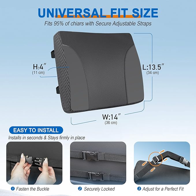 Lumbar Support Pillow for Car: Ergonomic Memory Foam Lumbar Pillow for Long Drives, Lower Back Support for Pain Relief, Dual Adjustable Straps, Back Cushion for Car Seat, Office Chair - Black