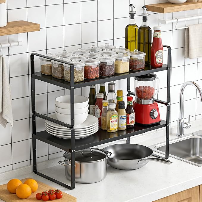 Expandable Cabinet Storage Shelf, Stackable Organizer Rack for Kitchen Bathroom Pantry Spice Cupboard Countertop Home Office Desk, Heavy Duty, Black Large 1 PACK, 10.2 Inch Depth