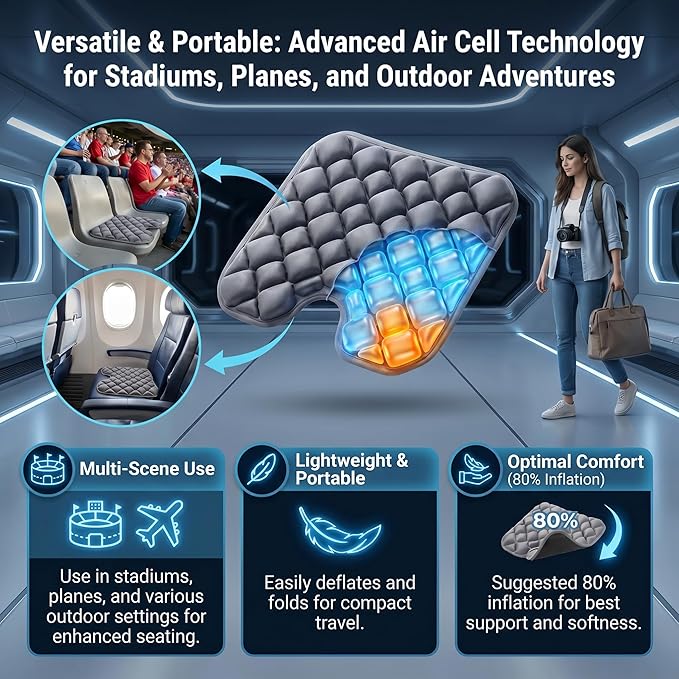 Inflatable Seat Cushion, Coccyx Cushion for Office Chair, Car & Wheelchair, Ergonomic Pressure Relief for Tailbone & Sciatica, Adjustable Firmness, Non-Slip Seat Pad for Long Sitting 16.6" × 15.8"