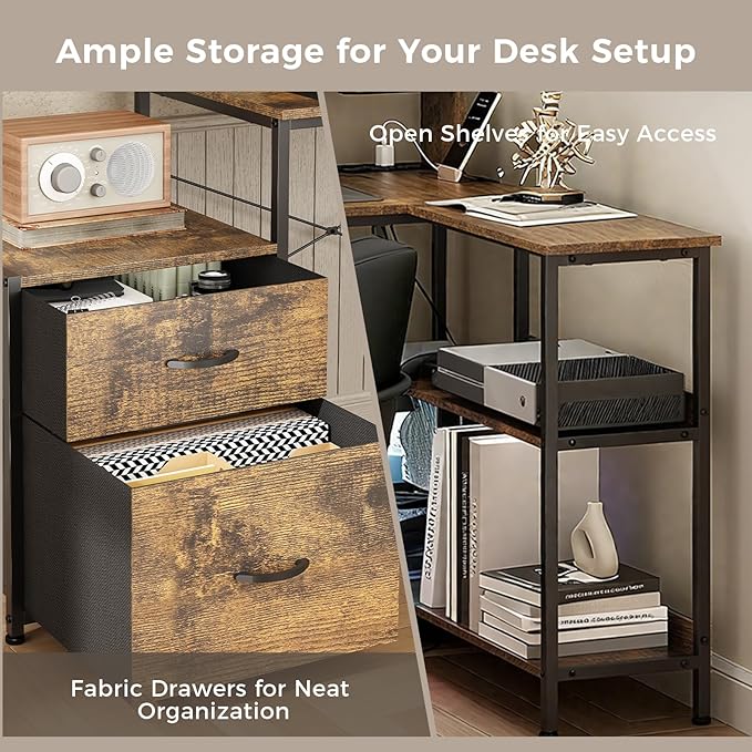 GTPLAYER 73" L Shaped Gaming Desk, Reversible Computer Desk with Power Outlets & LED Lights, Home Office Corner Desk with Storage Shelves, Monitor Stand, and Tower Space, Vintage Brown