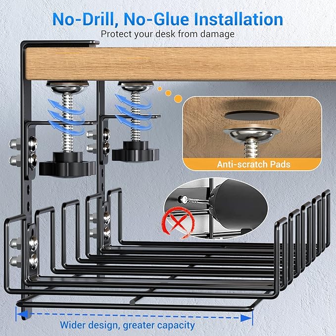 LUXEAR Under Desk Cable Management Tray 2Pack No Drill C-Clamp Standing Desk Cords Organizers 15.7“ High Capacity Adjustable Removable Docking Station Wires Holder Rack Office Kitchen Table Raceway