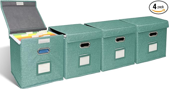 4 Pack Hanging File Folder Box with Lid, Durable Letter Size Filing Storage Box, Sturdy File Holder with Cardboard Support PVC Rails for Office Home Organizer, Green