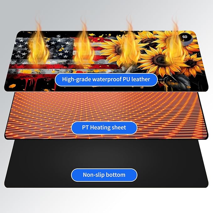 Heated Mouse Pad,Warm Desk Pad with 3 Levels Heating & 3 Hours Auto Shut-Off, PU Leather Heated Desk Pad Warmer Pad for Home Office - 31.5 x 13 inch,Sunflower American Flag