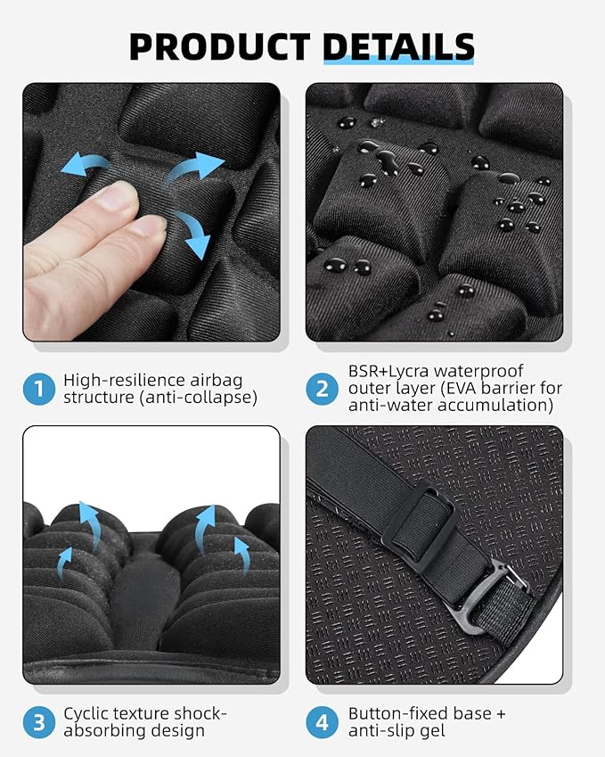 Fitense 13.8x15.8in Universal Motorcycle Seat Cushion with 3D Shock Absorption & Waterproof BSR Lycra - Dual Non-Slip Gel + Elastic Straps, Ergonomic TPE Support for Men Women Long Rides