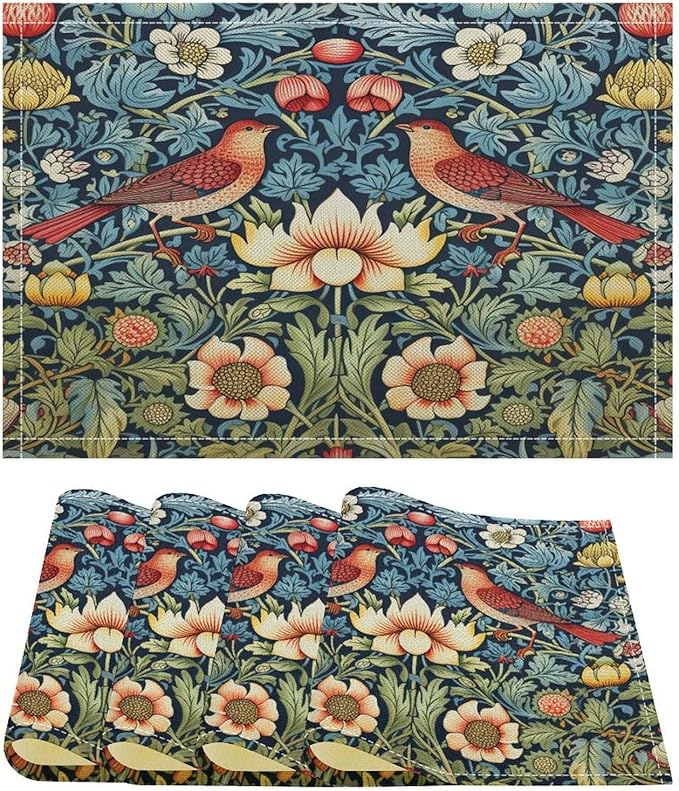 William Morris Bird Placemats Retro Bird Elegant Animal Pattern Linen Washable Table Mats Stain Heat-Resistant Desktop Decor Place Mats for Home Kitchen Dining Party 12x18 in 6 PCS
