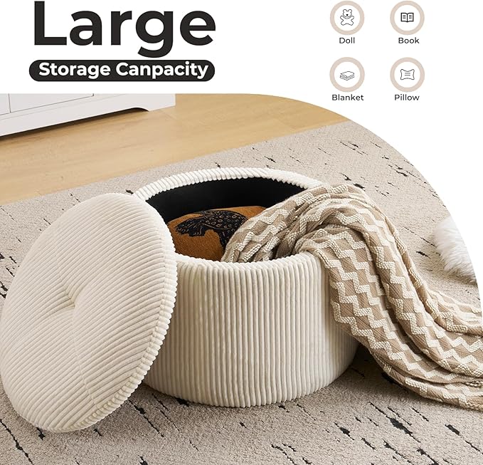 Modern Round Storage Ottoman with Reversible Tray Lid,Chenille Ottoman Foot Stools, Ottoman Footstool with Hidden Storage, Storage Ottoman, Multi-Functional Footrest, Corduroy Beige