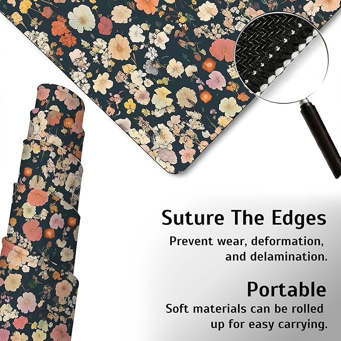 Colorful Floral Mouse Pad,35.4 x 15.7 Inch Large Mouse Mat Non-Slip Rubber Stitched Edges for Writing Desk,Office,Home,Laptop