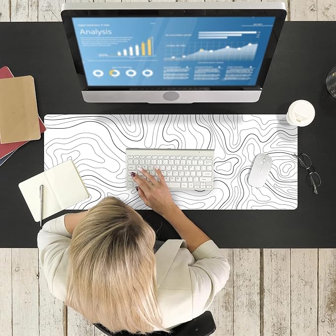 Ovenbird Large Gaming Mouse Pad with Stitched Edges, Minimalist Topographic Map Desk Mat, Extended XL Mousepad with Anti-Slip Base, Cool Desk Pad for Keyboard and Mouse, 35.4 x 15.7 in, White