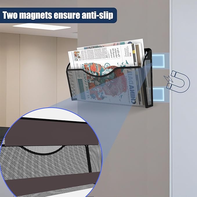 Magnetic File Holder 6 Pockets File Folder Organizer, Office Hanging Magazine Rack for File Cabinets, Magnetic Paper Holder, No Drilling Mail Organizer for Refrigerator, Office