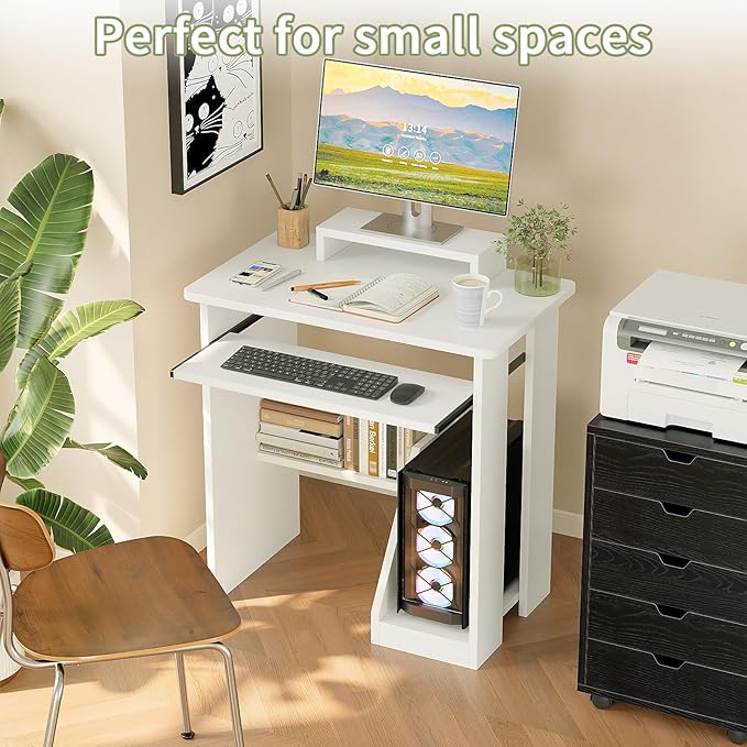 ALISENED Computer Desk, 30 Inch Compact Desk with Keyboard Tray & Monitor Stand for Space-Saving, Ergonomic Study Desk with Storage Shelves for Writing, Gaming, Working, White