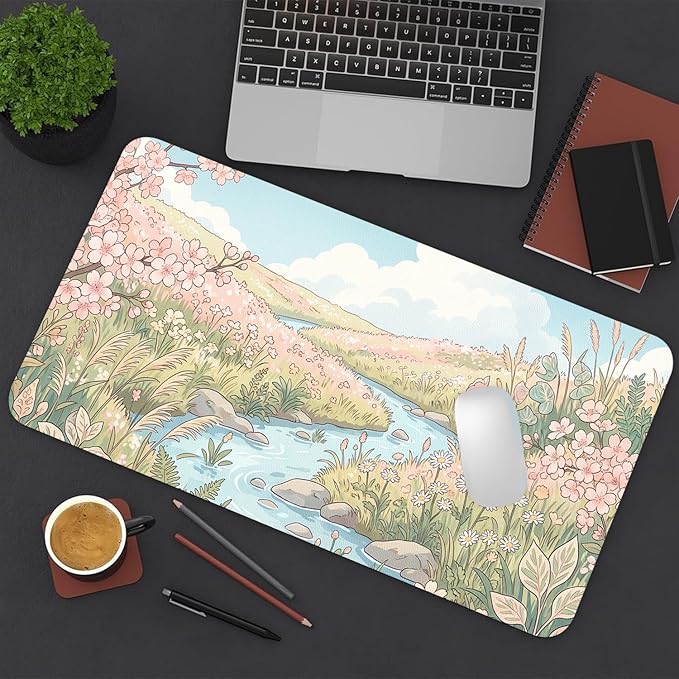 Cute Desk Mat, Anime Floral River Large Mouse Pad for Desktop, PU Leather Waterproof Desk Pad, Anti-Slip Computer PC Laptop Protector Gaming Mouse Pads for Office Home Decorations (31.5" x 15.7")