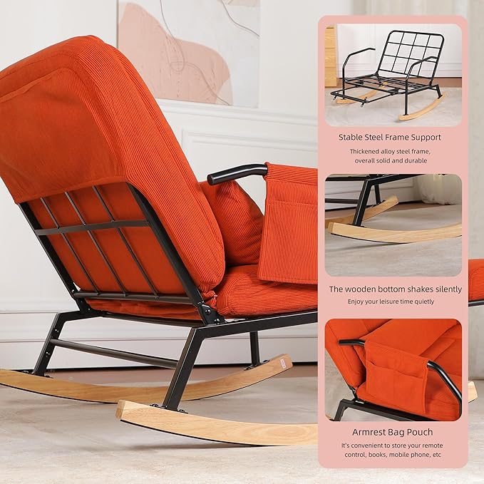 Oversized Reclining Rocking Chair with Foot Rest, 110°–160° Adjustable Backrest, Upholstered Armchair with Side Pocket for Nursery and Living Room, Brown