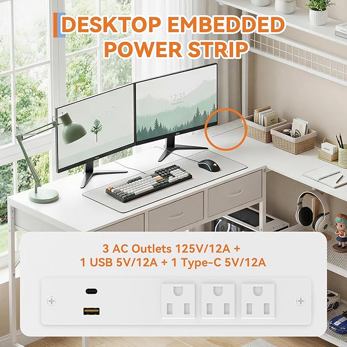 Garvee Computer Desk with 3 Fabric Drawers, 50.4 in l-Desk Display Shelves with Led Light & Power Outlet, PC Table Workstation for Home Office, Gaming Desk for Small Spaces, White