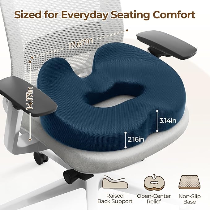 TushGuard Ergonomic Donut Pillow Seat Cushion with Raised Rear Support, Large Memory Foam Cushion for Tailbone, Hemorrhoids & Sciatica Relief, Office Chair, Car, Travel, Postpartum, Blue