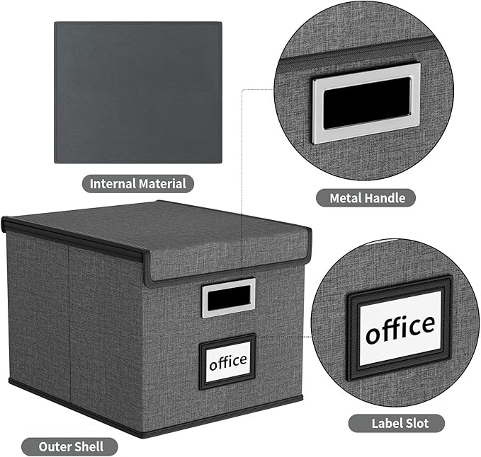 File Organizer Box with Lid, Collapsible File Folder Organizer for Office Document Storage, Filing Box with Plastic Slide for Letter Size Hanging File Folders(1 Pack, Dark Grey)