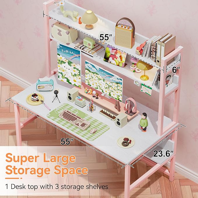 Aquzee Pink Girls Desk with Hutch, 55in Computer Desk with Bookshelf for Teens Adults, Craft Table for Bedroom Kids Room, White Pink Study Table with Shelves for Storage