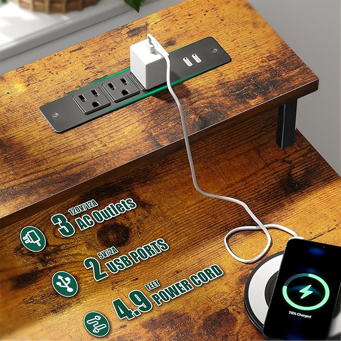 Korfile 47 Inch Gaming Desk with Power Outlets and LED Lights, Reversible Computer Desk with 5 Fabric Storage Drawers, Home Office Desk with Monitor Stand for Working Writing Study, Rustic Brown