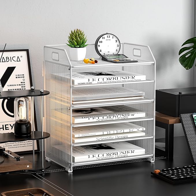 6 Trays Paper Organizer Letter Tray with Pull-Out Drawer, Assembled Mesh Desk File Holder, Metal Paper Sorter for Office Documents, White