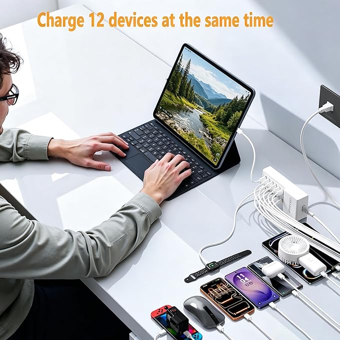 USB Charging Station 50w10A 12 Ports Multiple Charging Block, USB C Strip for iPhone 13/14/15/16/17/Smartphone/Tablet/Watch/Headphones and Multiple Charger Plug