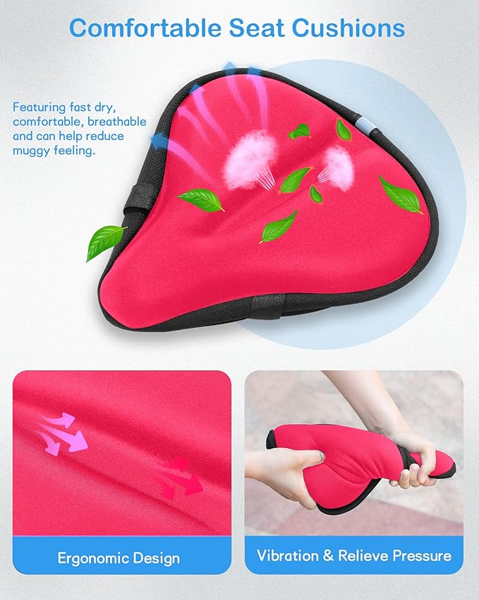 CUNCUI Bike Seat Cushion, Gel Bike Seat Cover, Bicycle Seat Cushion Covers for Women Men Comfort Compatible, Suitable for Outdoor and Indoor (11x10 inch)-Red