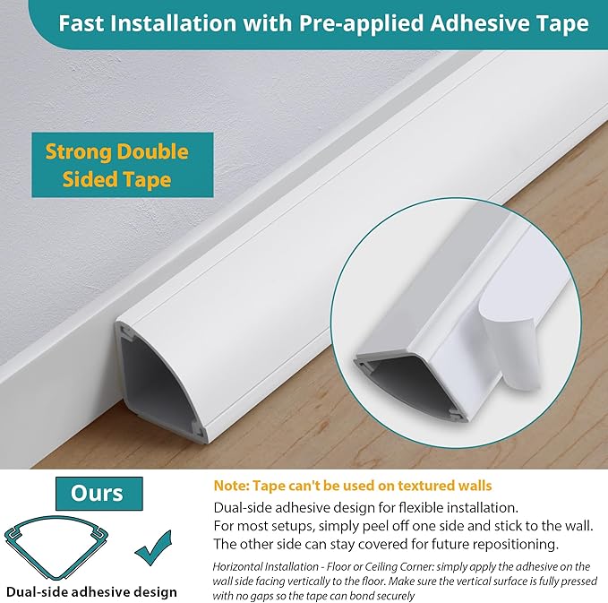 136in Corner Cable Concealer, Large Corner Cord Hider, Wire Covers for Cords, Paintable Corner Cord Cover, Cable Management Channel Cable Raceway for Wall, Floor Baseboard, Ceiling -8 X L17in
