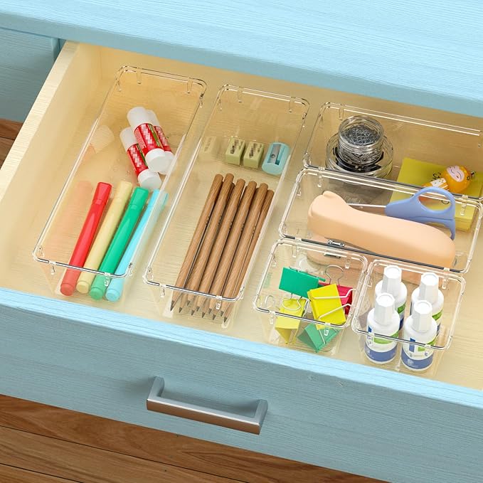 WOWBOX 12 Pack Clear Drawer Organizer Set, Acrylic Drawer Storage Trays, Storage Bins for Makeup, Cosmetics, Jewelries, Utensils, Gadgets, Office