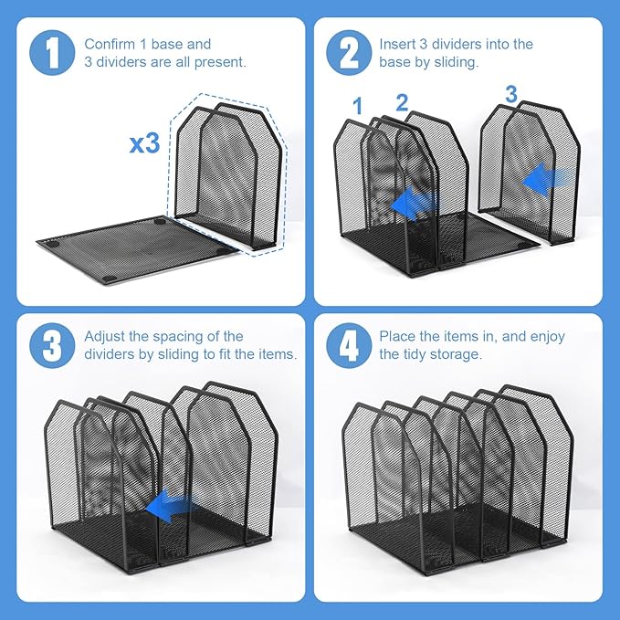 RETON 2 Pack Mesh File Sorter Organizer for Desktop, 5-Section Black Metal Vertical Desk File Organizer, Adjustable Upright Bookshelf File Holder Stand for Office Home Classroom Documents Books