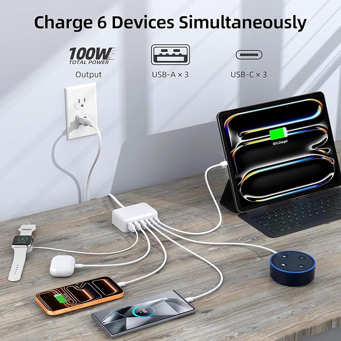 6 in 1 USB Charger, Charging Station for Multiple Devices, 100W Fast Charging Blocks with Type C Ports, USB Charging Hub Organizer Multiport Power Strip for iPhone, Ipad, Kindle, Travel Accessories