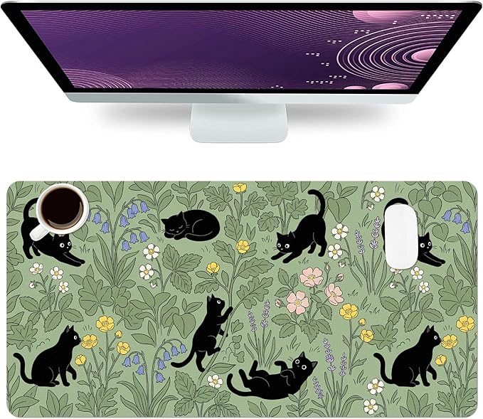 Cute Desk Mat, Grassland Cat Large Mouse Pad for Desktop, PU Leather Waterproof Desk Pad, Anti-Slip Computer PC Laptop Protector Gaming Mouse Pads for Office Home Decorations (27.5" x 13.8")
