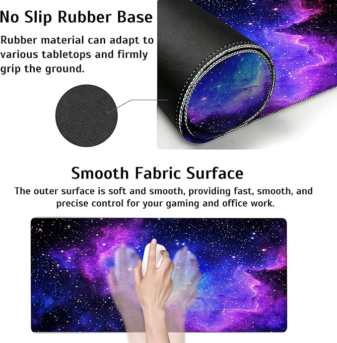 Large Gaming Mouse Pad Galaxy Stars Space Desk Mat,Non-Slip Rubber Base Stitched Edges,Extended Mousepad for PC,Laptop,Office,Home Decor(31.5 x 11.8 Inch)