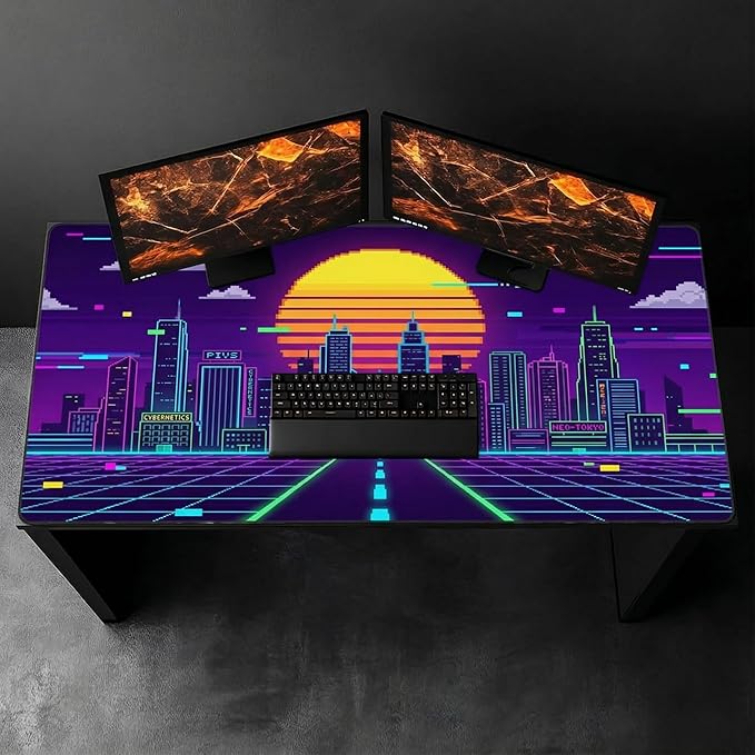 48x24in Retro Synthwave Mouse Pad, Neon City Extended Desk Mat, Non-Slip Waterproof Gaming Mousepad for Home Office & Gaming