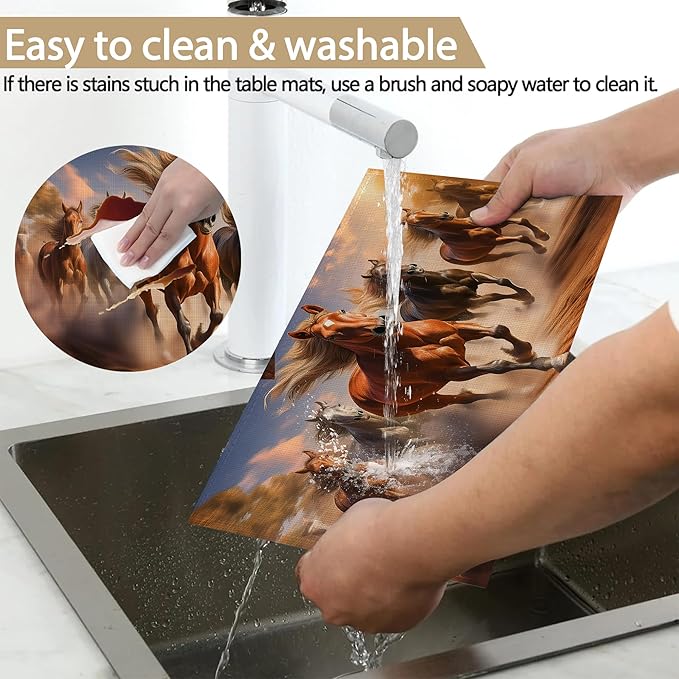 Placemats Set of 6, Running Herd Horse Linen Placemats 12x18 Inch, Heat Resistant Table Mats, Washable Non Slip Place Mats for Dining Table Kitchen Home