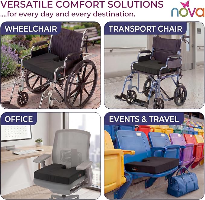 NOVA Coccyx Seat Cushion – High Density Foam U-Shaped Pillow for Tailbone Pain Relief, Sciatica & Back Support – Fits Wheelchair, Office Chair & Car – Non-Slip, Washable Cover – 20” x 16” x 3”