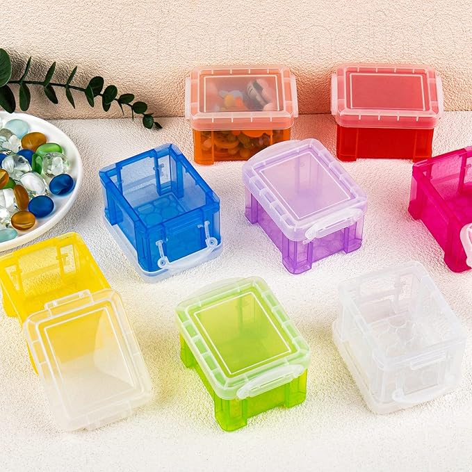 Framendino, 8 Pack Translucent Small Plastic Boxes Mini Desktop Storage Box 3.3" x 2.5" 2" Stackable Organizer Colorful Cosmetic Container with Lid for Jewelry Beads Crafts Accessories