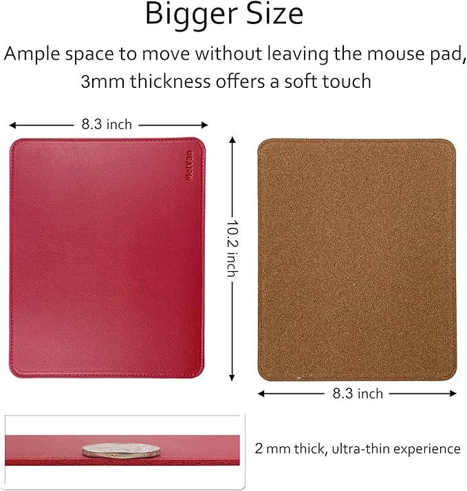 MelVan PU Leather Mouse Pad with Stitched Edge, Wood Mousepad, Waterproof Gaming Mouse Pad Mat for Computers, Laptop, Office & Home, 10.2" x 8.3", 1 Pack (Burgundy)